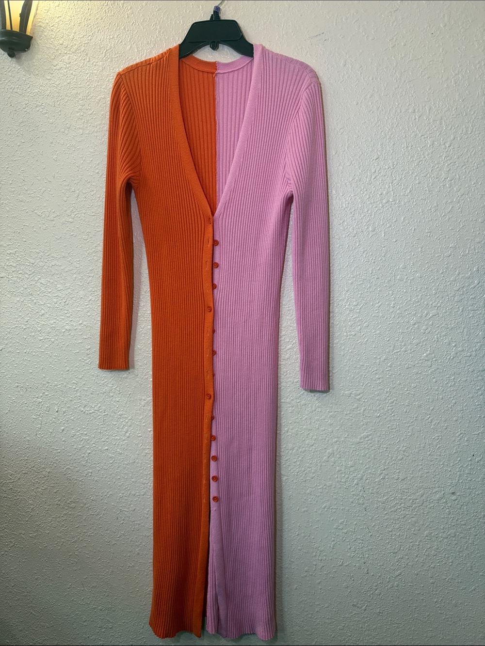 Two-Tone Orange and Pink Ribbed Button-Front Dress - Picture 3 of 6